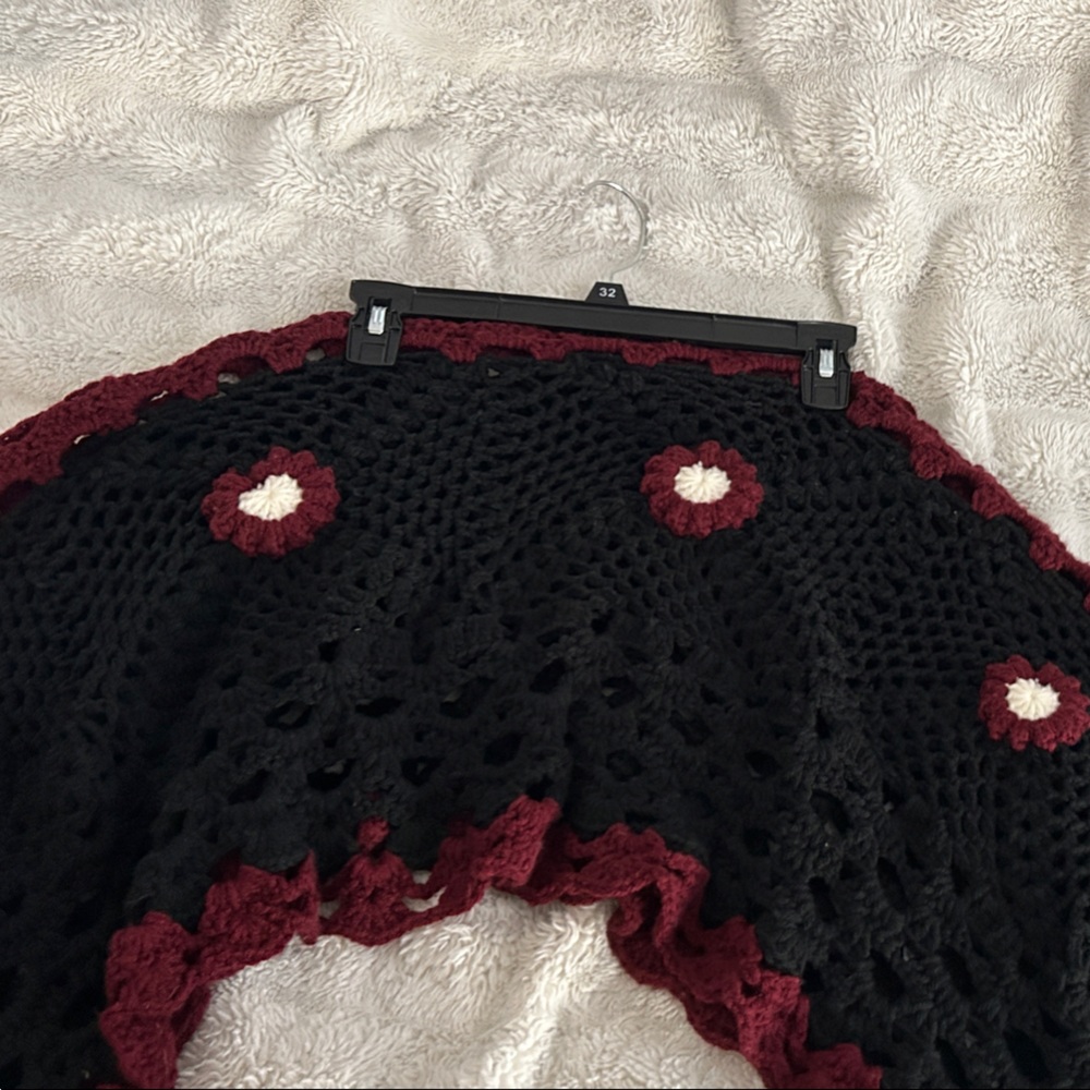 Elegant Black and Red Crochet Poncho